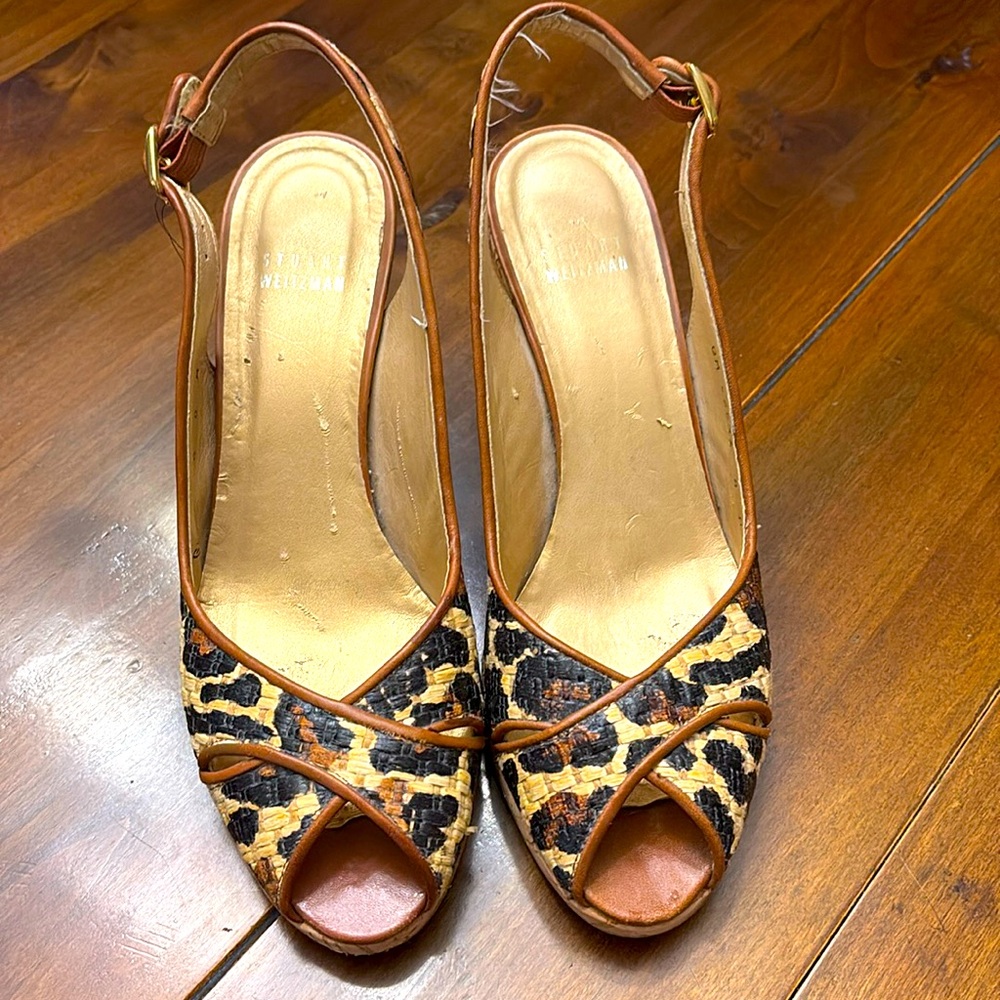 Stuart Weitzman leopard open toe wedge